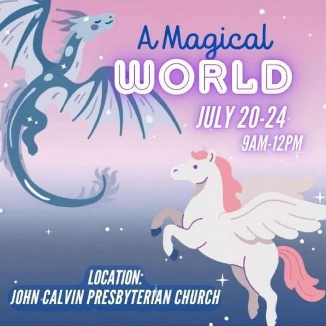 Children's summer camp at John Calvin Presbyterian Church with fantasy dragon and unicorn theme.