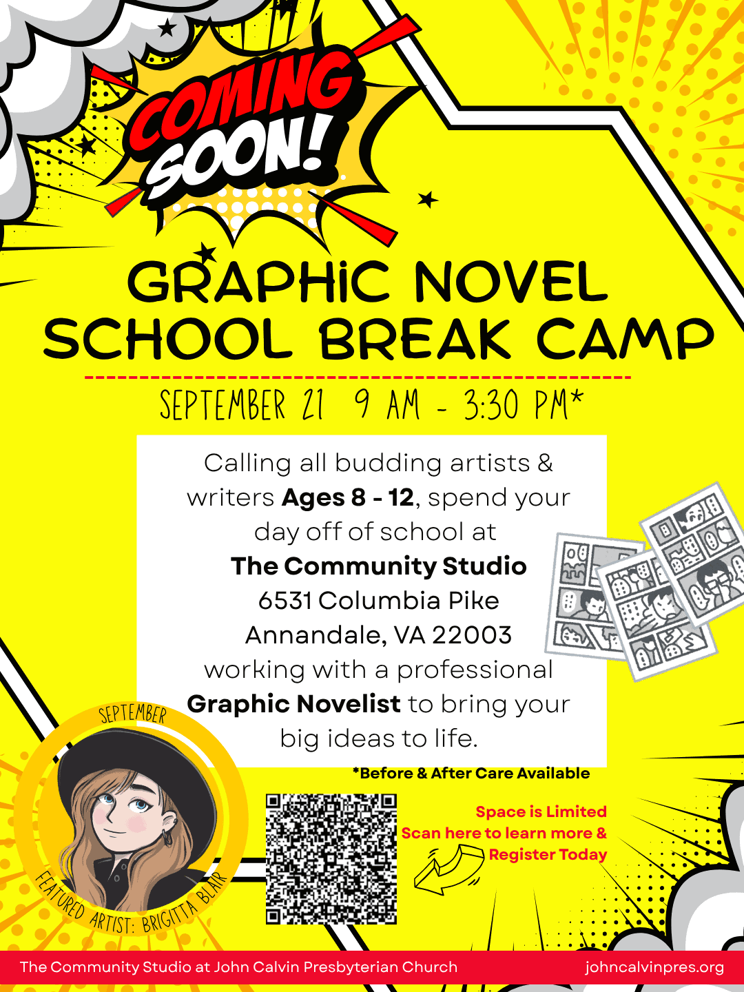 Graphic Novel School Break Camp poster with bright yellow background and cartoon character.